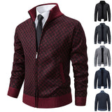 Thickened Plaid Print Jacket Cardigan Fashion Slim Fit Zipper Stand Collar Sweater Winter Men's Casual Long Sleeve Knitted Top Clothing