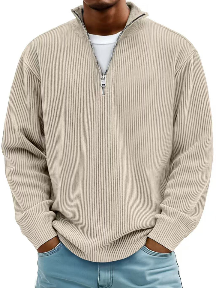 Corduroy Zipper Stand Collar Sweatshirt Fashion Warm Solid Color Long Sleeve Top Men's Casual Polo Shirt Clothing