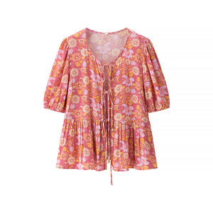 Women's New Fashion Viscose Wrinkle Print Short Sleeve Embroidered Shirt