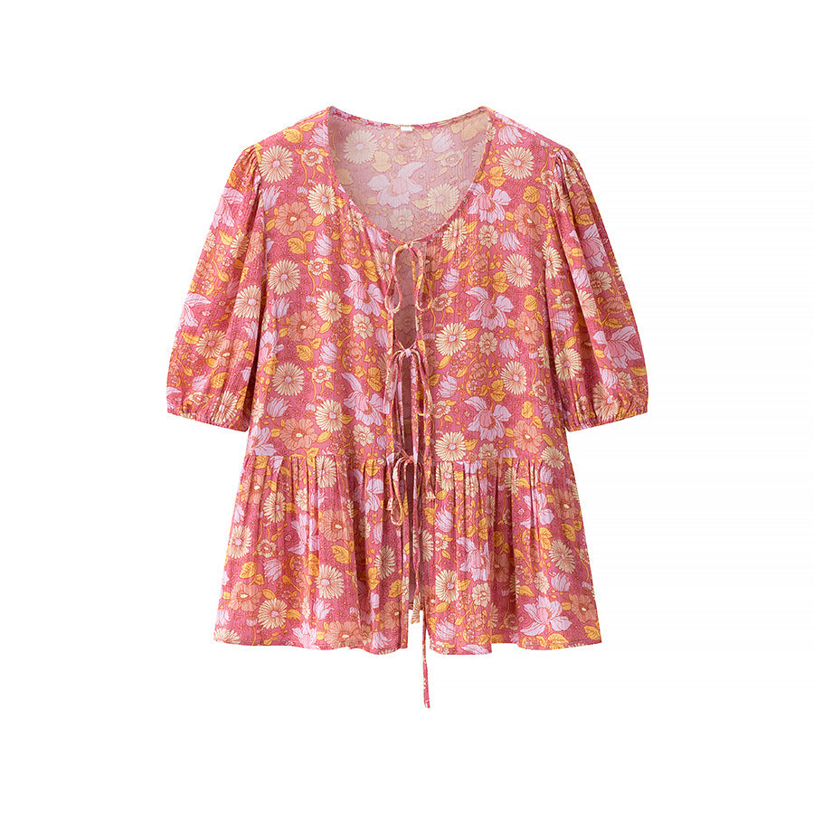 Women's New Fashion Viscose Wrinkle Print Short Sleeve Embroidered Shirt