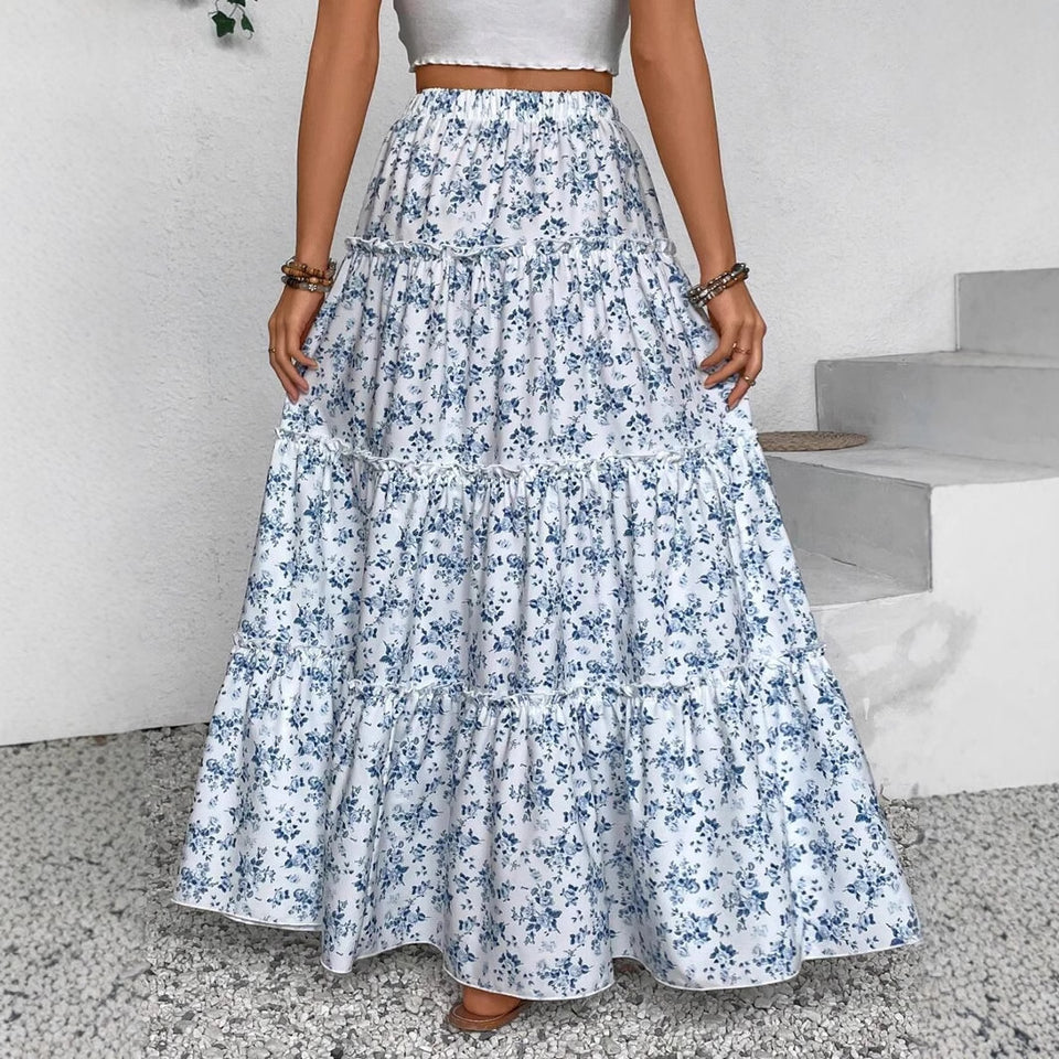 Women's Patchwork Floral Print Chiffon Pleated High Waist Midi Skirt