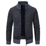 Thickened Plaid Print Jacket Cardigan Fashion Slim Fit Zipper Stand Collar Sweater Winter Men's Casual Long Sleeve Knitted Top Clothing