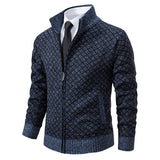 Thickened Plaid Print Jacket Cardigan Fashion Slim Fit Zipper Stand Collar Sweater Winter Men's Casual Long Sleeve Knitted Top Clothing