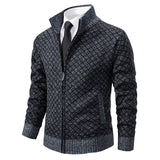 Thickened Plaid Print Jacket Cardigan Fashion Slim Fit Zipper Stand Collar Sweater Winter Men's Casual Long Sleeve Knitted Top Clothing