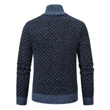 Thickened Plaid Print Jacket Cardigan Fashion Slim Fit Zipper Stand Collar Sweater Winter Men's Casual Long Sleeve Knitted Top Clothing