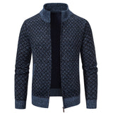 Thickened Plaid Print Jacket Cardigan Fashion Slim Fit Zipper Stand Collar Sweater Winter Men's Casual Long Sleeve Knitted Top Clothing
