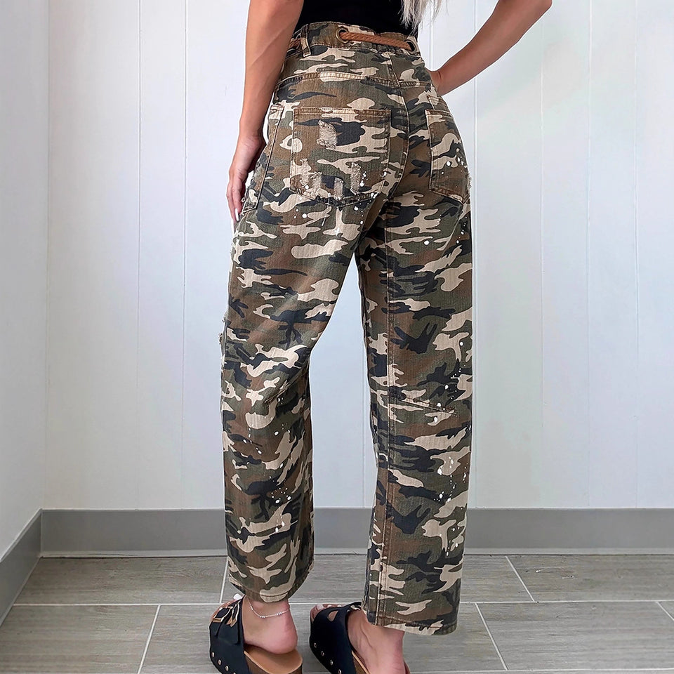 New High-waisted Women's Camouflage Print Brushed Straight-leg Jeans