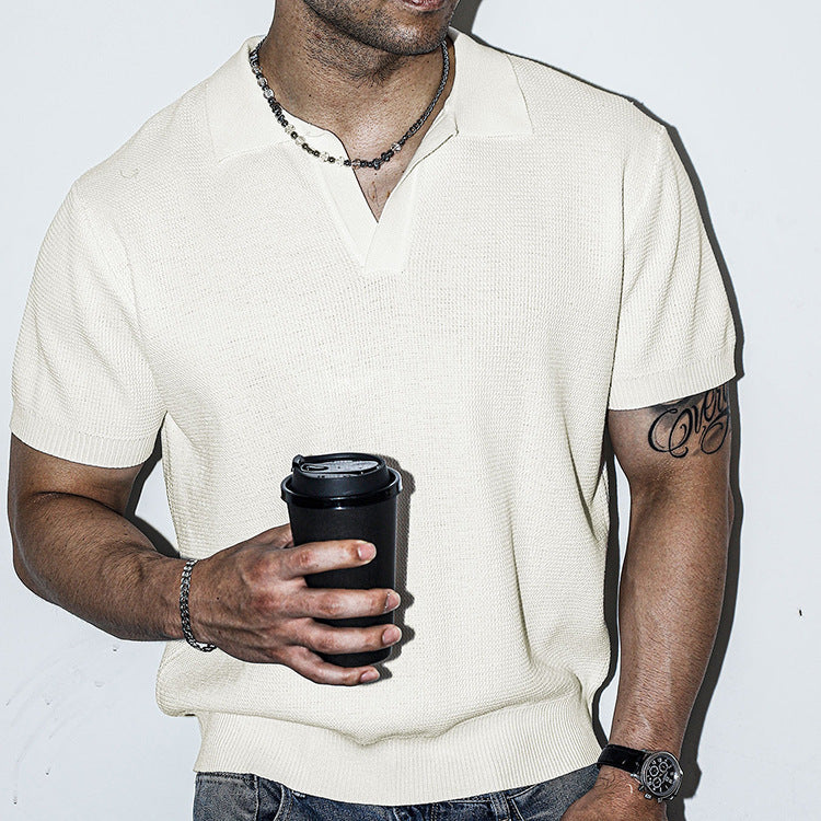 Men's Ribbed Solid Color Simple Flip Collar Sport Short Sleeve