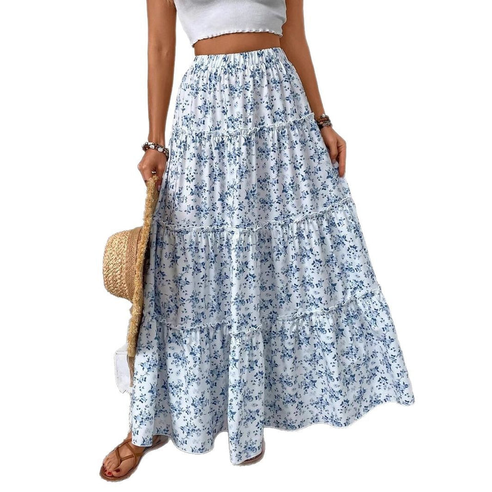 Women's Patchwork Floral Print Chiffon Pleated High Waist Midi Skirt
