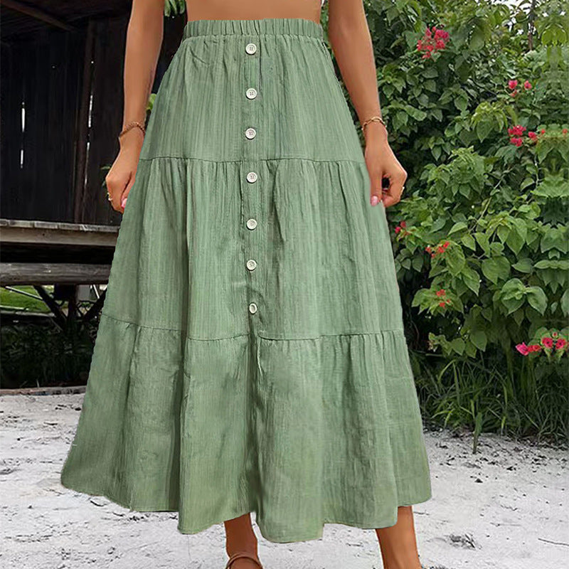Solid Color Buckle Women's Fashion Patchwork Maxi Skirt