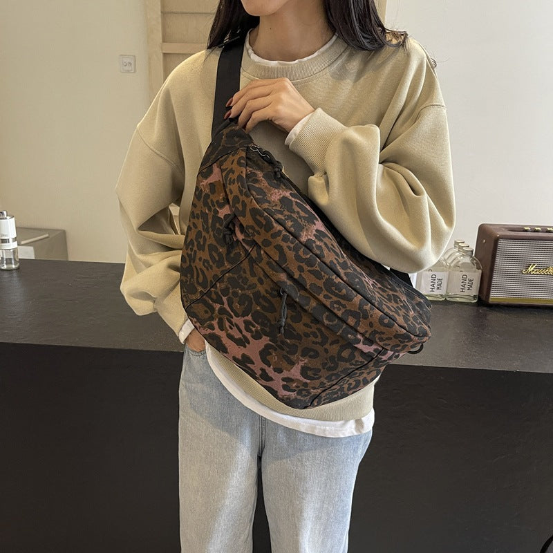Retro Leopard Print Chest Bag Casual Canvas Large Capacity Fashionable And Versatile