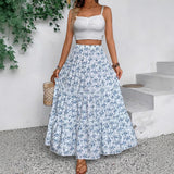 Women's Patchwork Floral Print Chiffon Pleated High Waist Midi Skirt