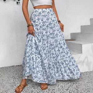 Women's Patchwork Floral Print Chiffon Pleated High Waist Midi Skirt