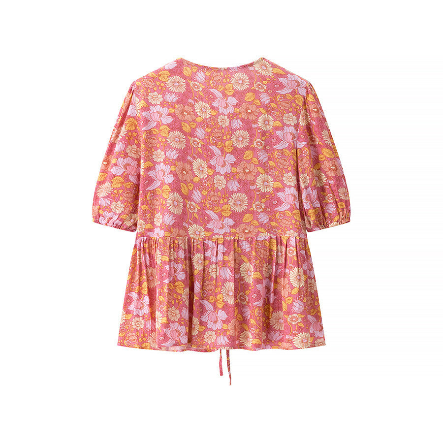 Women's New Fashion Viscose Wrinkle Print Short Sleeve Embroidered Shirt