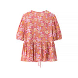 Women's New Fashion Viscose Wrinkle Print Short Sleeve Embroidered Shirt