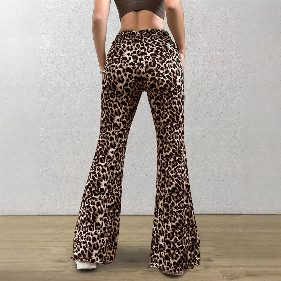 Casual Sexy Knitted Stretch Elastic Leopard Print Flared Pants
