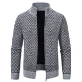 Thickened Plaid Print Jacket Cardigan Fashion Slim Fit Zipper Stand Collar Sweater Winter Men's Casual Long Sleeve Knitted Top Clothing
