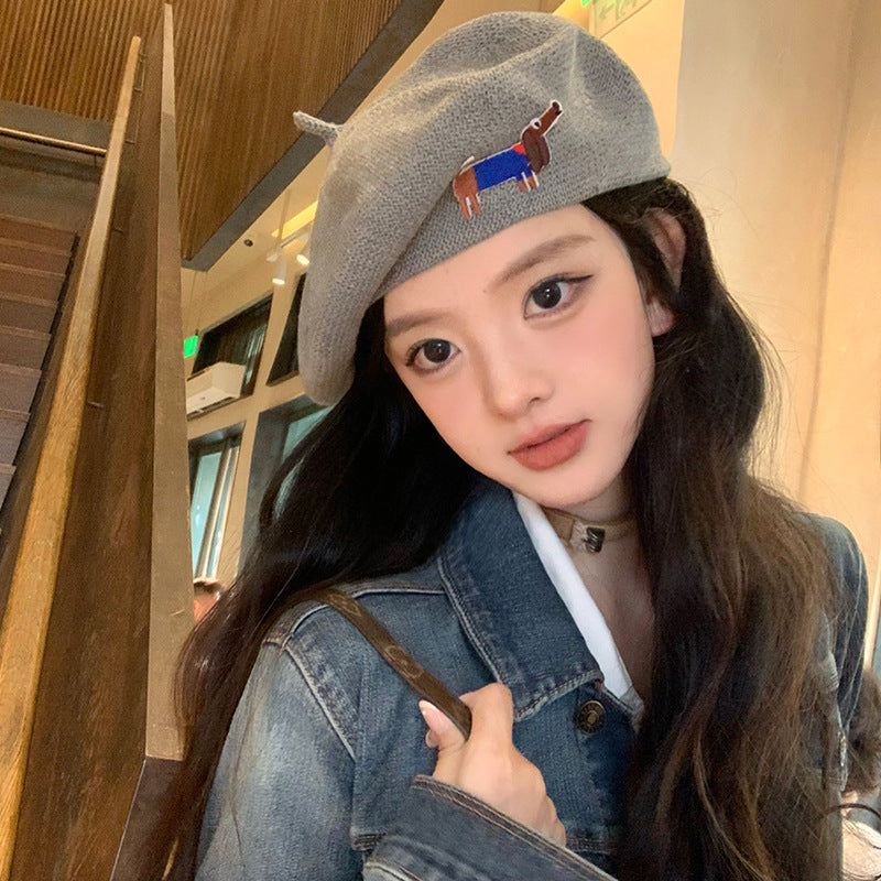 Cute Embroidered Dog Hollow-out Thin Knit Beret