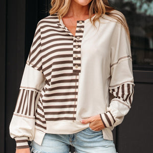 Women's Multi-color Striped Print Lapel Slit Long Sleeve Top