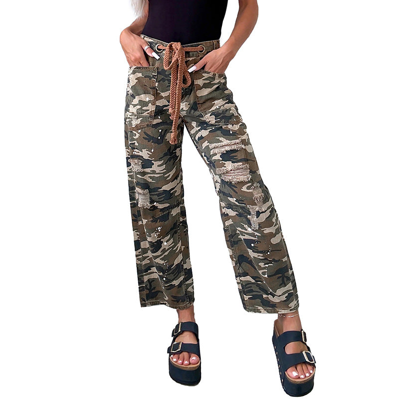 New High-waisted Women's Camouflage Print Brushed Straight-leg Jeans