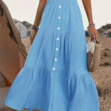 Solid Color Buckle Women's Fashion Patchwork Maxi Skirt