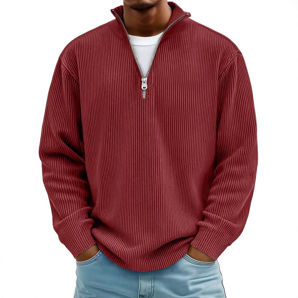 Corduroy Zipper Stand Collar Sweatshirt Fashion Warm Solid Color Long Sleeve Top Men's Casual Polo Shirt Clothing