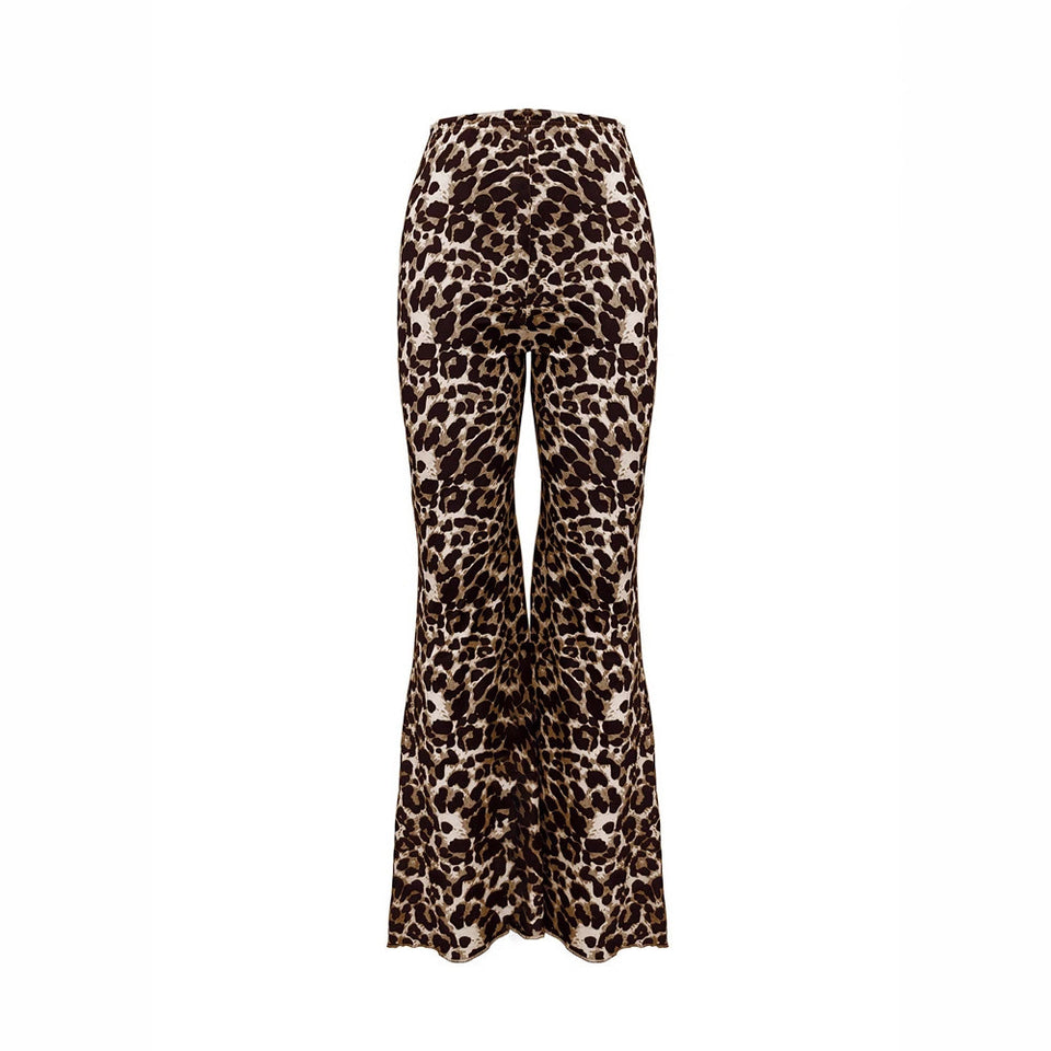 Casual Sexy Knitted Stretch Elastic Leopard Print Flared Pants