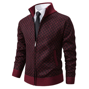 Thickened Plaid Print Jacket Cardigan Fashion Slim Fit Zipper Stand Collar Sweater Winter Men's Casual Long Sleeve Knitted Top Clothing