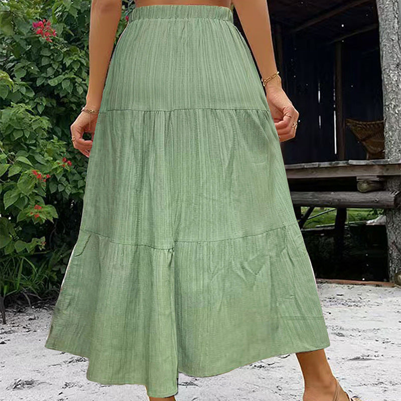 Solid Color Buckle Women's Fashion Patchwork Maxi Skirt