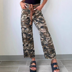 New High-waisted Women's Camouflage Print Brushed Straight-leg Jeans