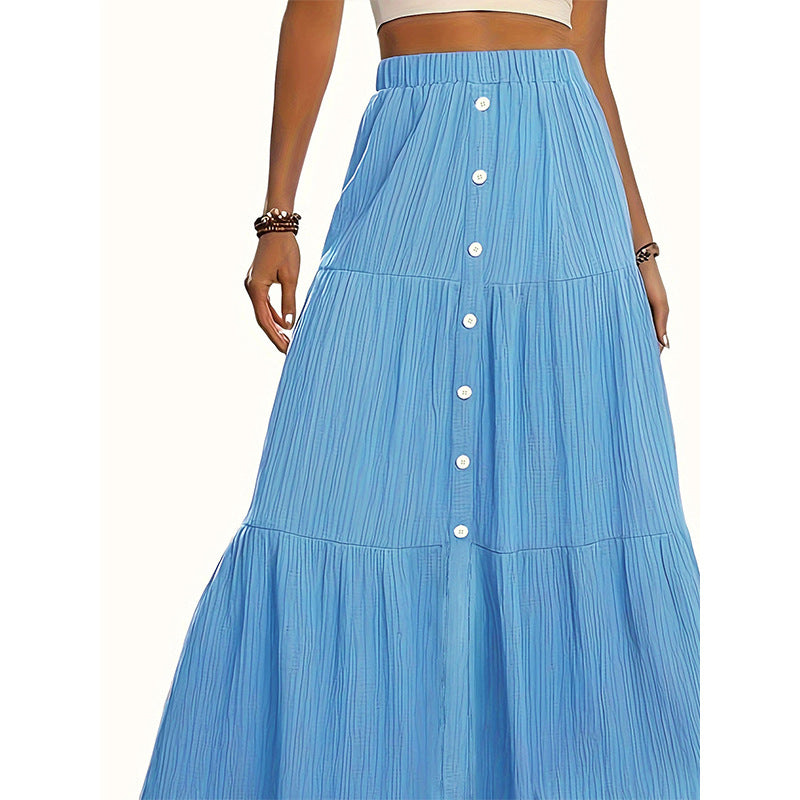 Solid Color Buckle Women's Fashion Patchwork Maxi Skirt