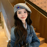 Cute Embroidered Dog Hollow-out Thin Knit Beret